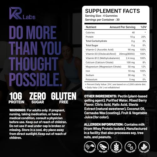 Image of Zero Carb 100% Pure Whey Isolate Protein Gummies | 300g Total Protein per Bag | 10g per Serving Plant Based with Vitamins for Men & Women | Gluten Free Non-GMO (Mixed Berry) | 120 Count