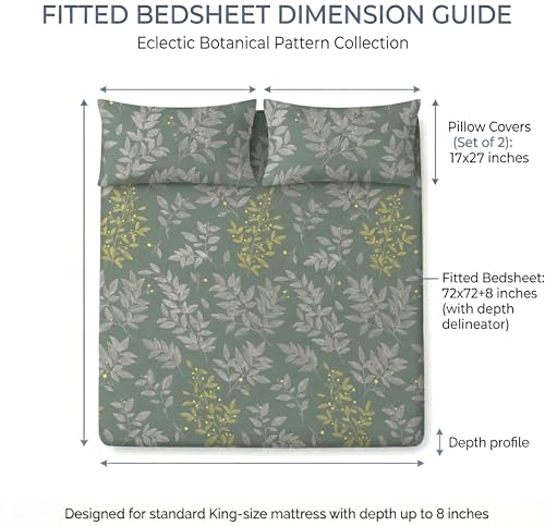 Image of VAS COLLECTIONS Cloud Cotton Corner Elastic Fitted Double Bedsheet Set (78 x 72 + 8 Inches) with 2 Pillow Covers | 160-180 TC Soft Breathable Cotton Fitted Sheet | Bed Sheet (Botanical Sage)