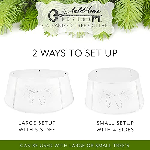 Auldhome Rustic White Tree Collar (Pine Embossed, Large), 29-Inch Diameter Base Vintage Enamelware Christmas Tree Accent, Distressed Pine Cone Design #TOP6