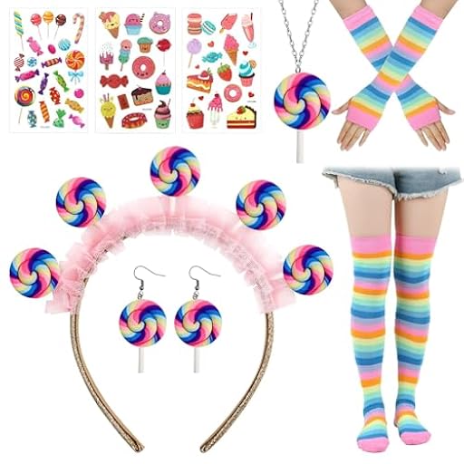 Dongcill Candyland Disfraces de Mujer,Diadema Candy,Piruleta,Pendientes,Mangas Arcoíris Medias,tatuaje pegatinas candy,Accesorios de Cosplay con Temática de Caramelos para carnaval Halloween | Ya disponible en tu tienda friki favorita! En mundofriki.es!
