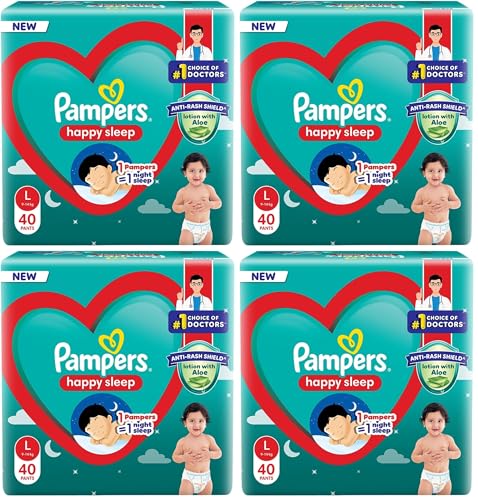 Image of Pampers Happy Sleep Pant Style Baby Diapers, Large (L), 42 Count, 1 Pampers : 1 Night Sleep, with Anti Rash Shield, 9-14 Kg Diapers (Pack of 4)