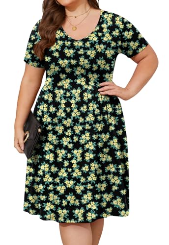 Image of DB MOON Women Plus Size Dresses 2026 Summer Casual V Neck Short Sleeve Knee Length Dress with Pockets