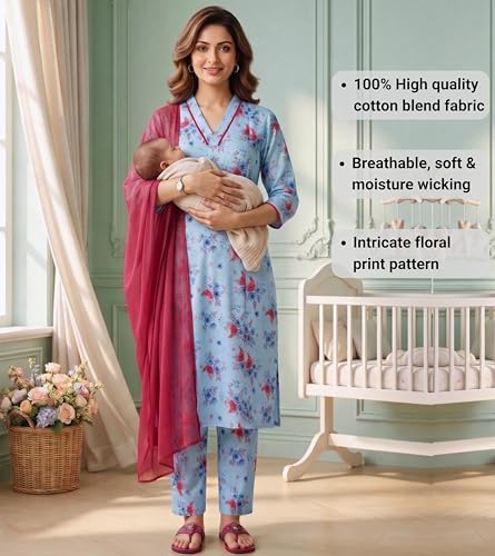 Image of DUMMY SHAPE Maternity Dresses for Women Cotton | Floral Kurta Pant Dupatta Set with Nursing Zippers, Side Pocket | Pre & Post Pregnancy | Feeding Kurti Suit | Baby Shower | Gifts for Pregnant Woman