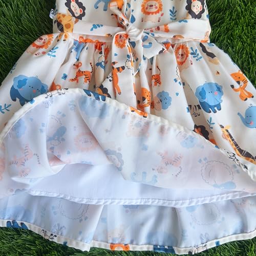 Image of Stanwells Kids Baby Girls Off-White Animal Print Cotton Rayon Knee-Length Frock | Sleeveless Summer Dress with Lion Print & Flared Back Zipper (6 Months-7 Years)