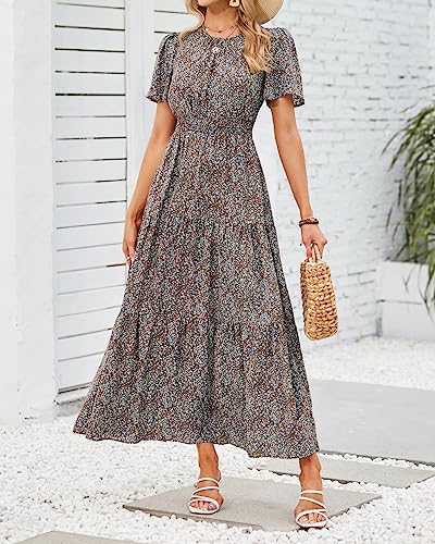Image of PRETTYGARDEN Women's Casual Smocked Boho Floral A-Line Maxi Dress 2026 | Summer Short Flutter Sleeve Crewneck Tiered Long Sundress,Fall Wedding Guest Dresses,Spring Cute Flowy Beach Vacation Clothes