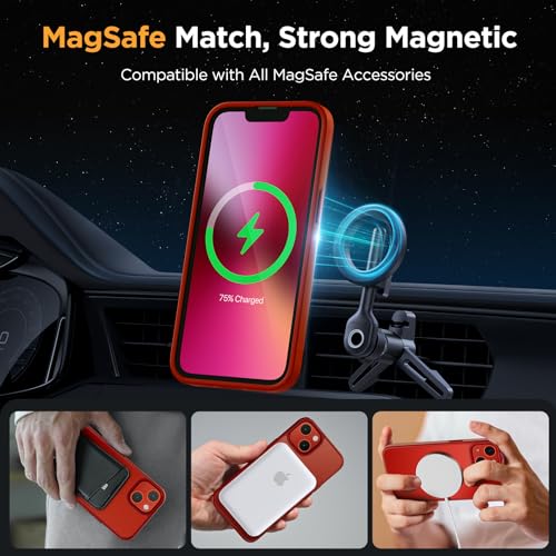 Image of Miracase Magnetic for iPhone 14 Case 6.1 inch (Compatible with MagSafe)(with 2X Screen Protectors) Military-Grade Protection, Anti-Fingerprint Translucent Matte Phone Case Cover, Red