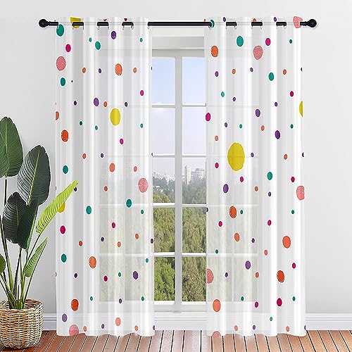 Hiseng Cortinas Translucidas Decorativas con Ojales 2 Piezas, Cortinas Visillos Translúcidos de Dormitorio Moderno Patrón de Lunares 3D, para Salon Cocina Ventana Comedor (107x244cm,Blanco)