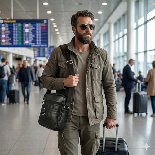 Image of Men's Leather Sling Bag Crossbody Messenger Shoulder Bag | Stylish Office Travel Side Bag with Multiple Compartments, Adjustable Strap & Secure Pockets for Daily Use