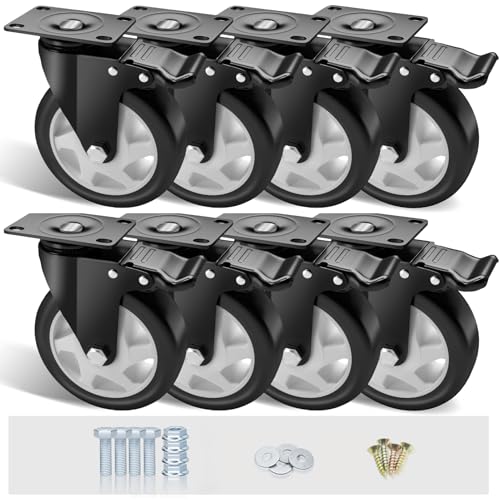 ASHGOOB 5' Caster Wheels Set of 8, Heavy Duty Casters with Brake, No Noise Locking Casters with Polyurethane (PU) Wheels, Swivel Plate Castors Pack of 8