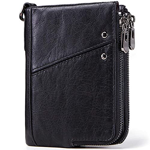Mens Wallet with Chain Genuine Leather RFID Blocking Wallet Bifold Double Zipper Coin Pocket with Credit Card Holder and Zipper Coin Pocket Purse Slim Purse with 12 Card Holder (Black)