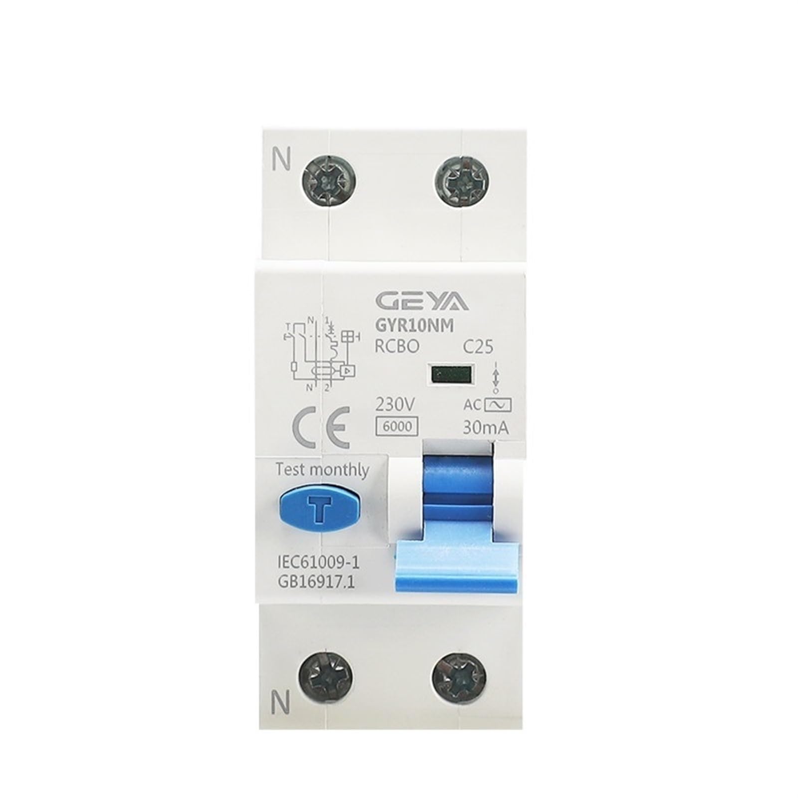 Disjoncteur magnétique 2P 10A 30mA GYR10NM à coupure instantanée rail Din