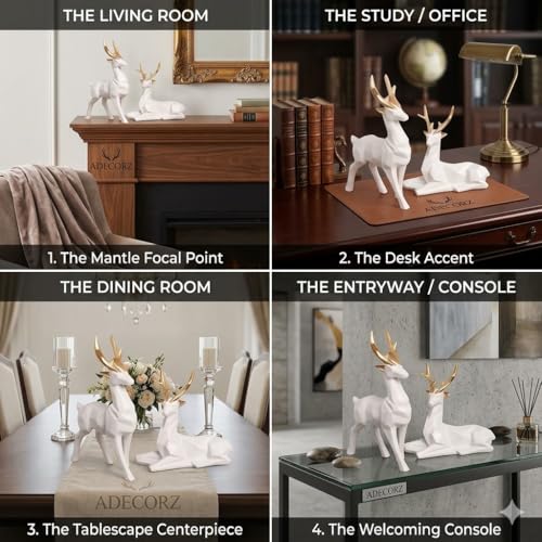 Image of Geometric Resin Deer Sculpture Set of 2, White with Gold Antlers, Resin, 12.3 x 6.5 cm, Home Decor Figurines | Standing & Sitting Deer Pair | Creative Showpiece for Gift | Handcrafted