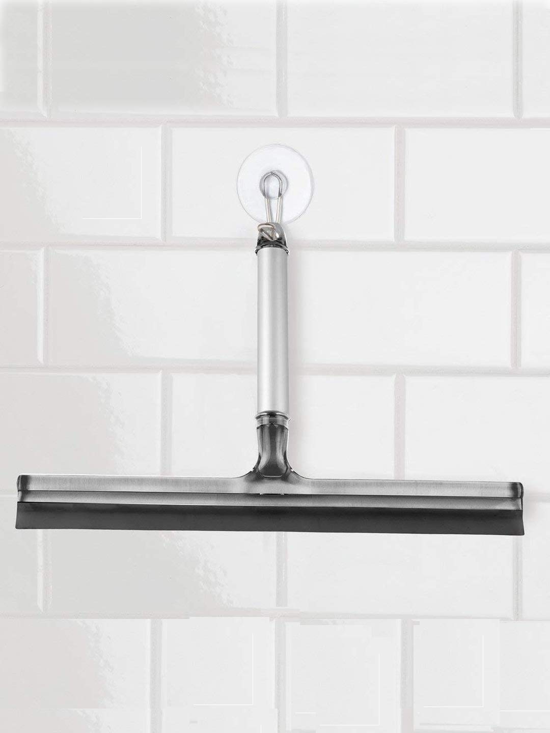 iDesign Metro Rustproof Aluminium Bathroom Shower Door/Window and Mirror Squeegee with Suction Storage Hook, Silver/Smoke