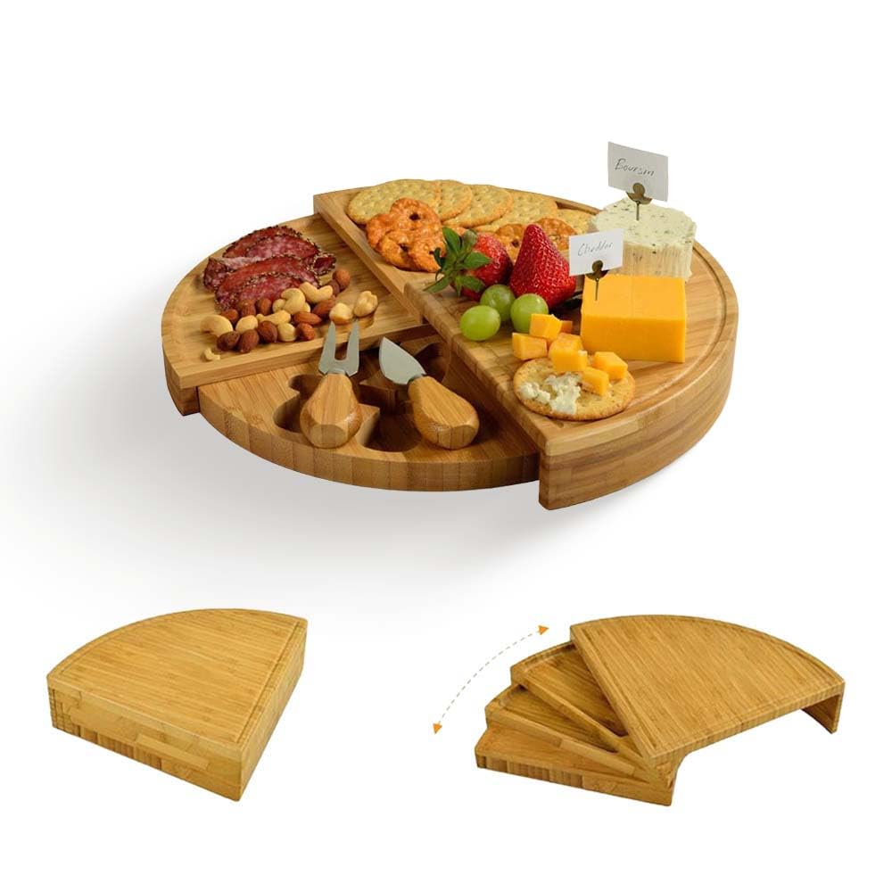 Charcuterie Boards and Knife Set, Bamboo Cheese Board with 2 Knives,Rotatable Folding Cheese Platter - Unique Mothers Day Gifts for Mom - House Warming Gifts New Home, Bridal Shower Gift