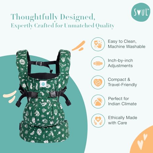 Image of SOULSLINGS 4-in-1 Lali Baby Carrier Bag - Forest | Compact & Lightweight (400g) | Adjustable for 0-24 Months (4-15kg) | Machine Washable & Handwashable | Breastfeeding Friendly