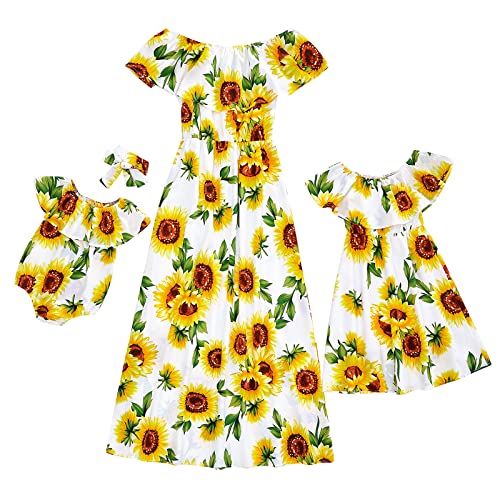 Image of PopReal Mommy and Me Dresses Floral Printed Chiffon Bowknot Ruffles Short Sleeve Beach Mom Daughter Matching Outfits