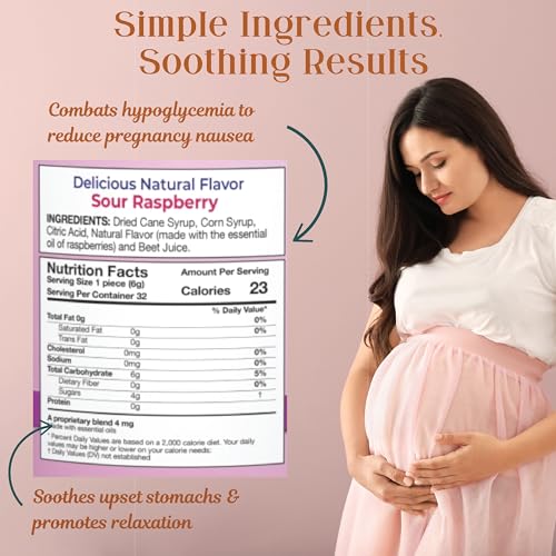 Image of Three Lollies Preggie Drops Pregnancy Nausea Relief Drops with Essential Oils, Morning Sickness and Queasy Stomach Support for Pregnant Women, Sour Raspberry, 32 Count