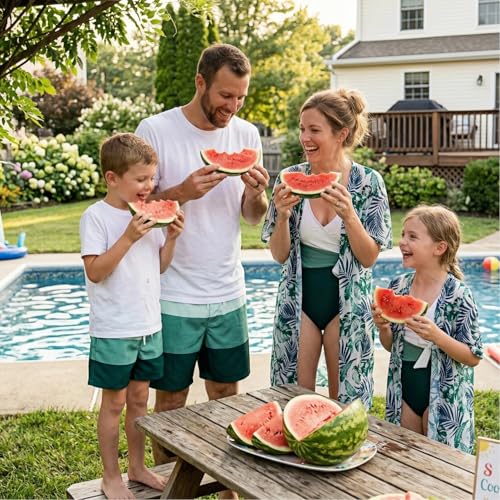 Image of IFFEI Mommy and Me Swimsuits Family Matching Bathing Suits with Cover Up | Tropical Leaf Print Family Swimwear, Chic One-Piece with Lightweight Cover-Up, Swim Trunks with Drawstring Waist