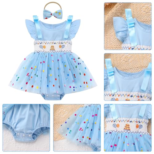 ODASDO Baby Girls 1st 2nd Birthday Cake Smash Outfit Smocked Bowknot Tulle Tutu Princess Romper Dress with Headband Set4