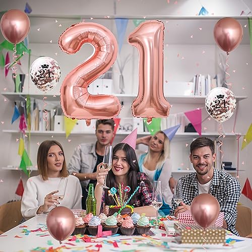 Image of 21st Birthday Balloons Rose Gold, Decorations for Him With Large Number 21 Foil Balloon, Confetti Metallic Latex Balloons for Her Girls 21 Years Old Bday Decor