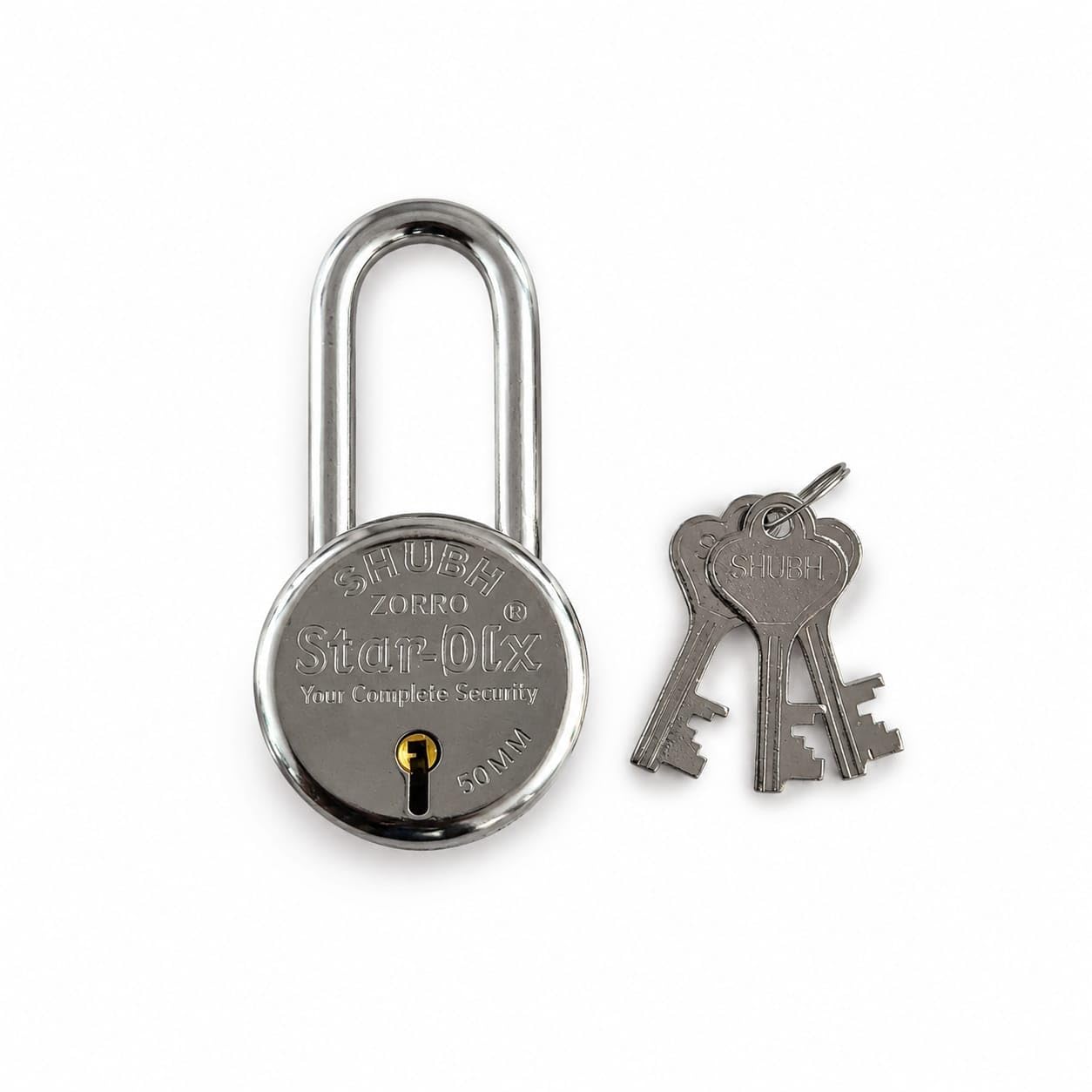 round 50mm long shackle padlock with 3 keys | lock for main door, gate, shops, office| silver finish