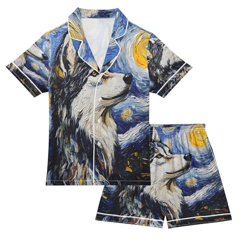 ALAZA Van Gogh Starry Sky Wolf Satin Pajamas Set Short Sleeve Button Down Sleepwear Summer Pjs 2 Piece