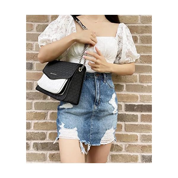 Michael-Kors-Regina-Medium-Black-White-Signature-MK-PVC-Leather-Flap-Shoulder-Bag-Handbag Michael Kors Regina Medium Black White Signature MK PVC Leather Flap Shoulder Bag Handbag