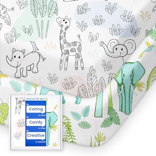 TotBasic Mini Crib Sheets Boy Girl, Ultra Soft Pack N Play Sheets Fitted, Neutral Pack and Play Mattress Sheets, Premium Jersey Knit Portable Crib Sheets, Secure and Cute, Elephant & Cartoon Safari