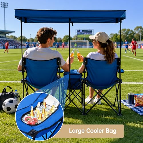 Silla Doble de Playa con Sombrilla, Sillones Oversize de Camping con Bolsa Térmica y Porta Vasos Plegable para Campamento, Pesca y Playa miniatura 5
