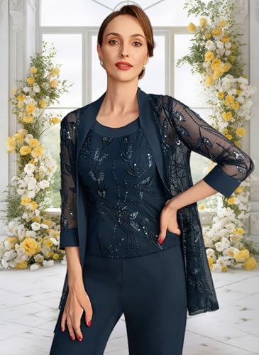 Mother of The Bride Pant Suits for Women 3 Pieces Separates Floor-Length Lace Chiffon Mother of The Bride Dress with Sequins4