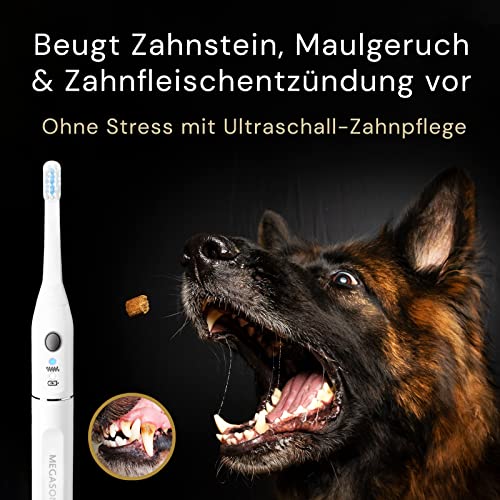 Megasonex M8 Ultraschallzahnbürste auch für Hund und Katze - mit extra Ruhemodus ohne Vibration für kleine & große Hunde oder Katzen - Inkl. 2 Bürstenköpfe
