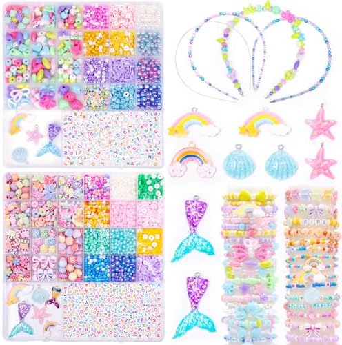 MiuCo Spielzeug ab 5 Jahre Mädchen, Perlen Set für Kinder Schmuck Basteln, Kreative Geschenke für 6 7 8 Jahre Mädchen Eignen Sich für Kindergeburtstag, Weihnachten - Kinderschmuck