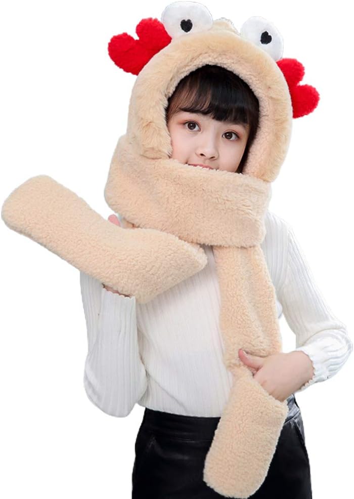 Scarf,Kids Winter Warm 3 In 1 Faux Fleece Hooded Scarf Hat Gloves Set Cute 3D Crab Thermal Cap Neck Warmer Scarf