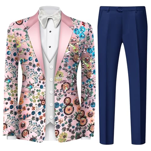 Mens Applique Floral Suit 2 Piece Suquin Pattern Slim Fit Men's Suit Set Party Dress 2 Button Blazer Pants