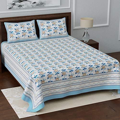 Image of Living Roots Cotton Printed King Double Bedsheet - 95 x 100 inches | 2 Pillow Covers (Blue Roses)