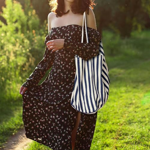 Image of Striped Canvas Tote Handbag for Women Vertical Stripe Large Capacity Shoulder Bag for Shopping Travel