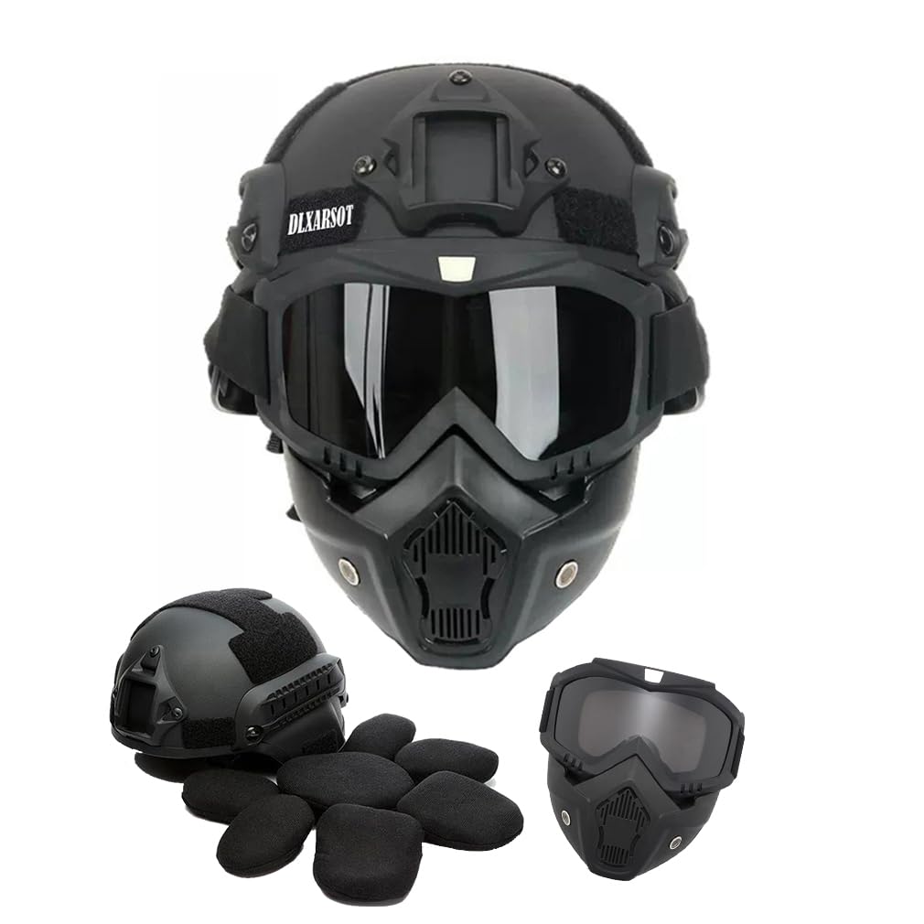 Tactical Airsoft Helmet and Mask,Detachable Full Face Mask Goggles with NVG Mount and Side Rail,Military Tactical Airsoft Gear