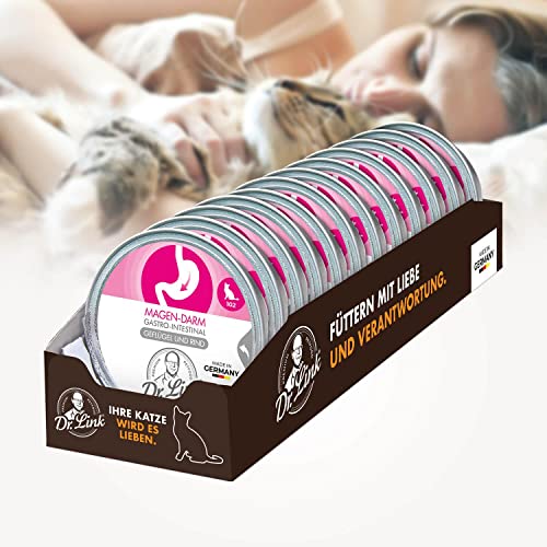 Dr. Link Spezial-Diät Katzenfutter für Katzen & Kater Proteinquelle Geflügel & Rind – Magen, Darm, Verdauung - leicht verdaulich, unterstützt Darmflora & Bauchspeicheldrüse – 12x85g Schale