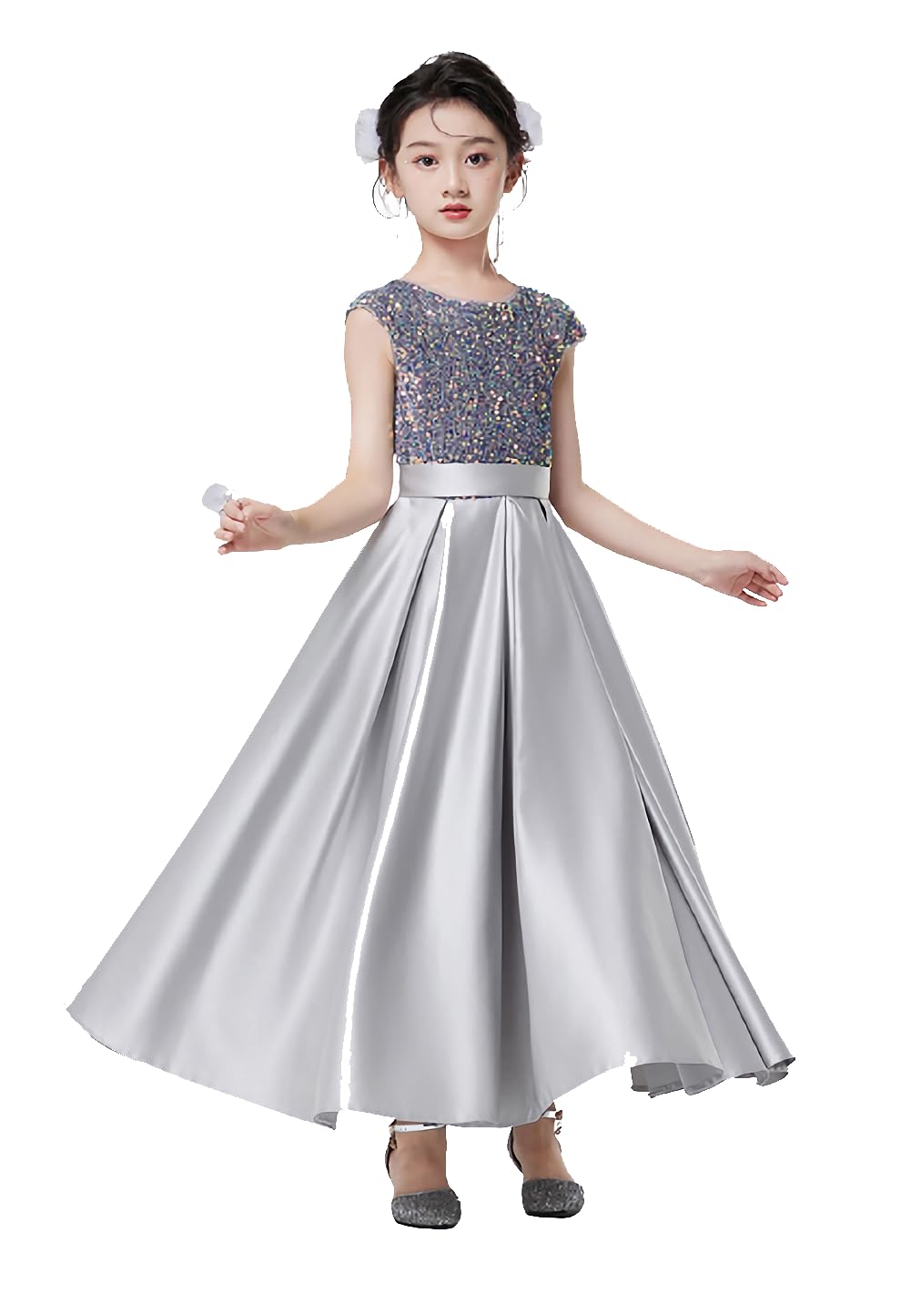 Vestido de Fiesta para Niñas Vestido Largo de Manga Corta con Lentejuelas Vestidos de Dama de Honor para Niñas Vestido de Desfile para Niñas Vestido para Ocasiones Formales Disfraz de Actuación (110)