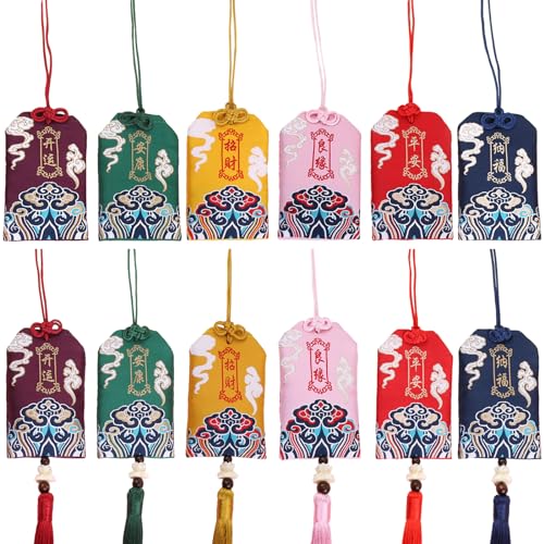 12 Bolsas de Bendición, Suerte Amuleto Japonés, Bordado, para Macetas, Espejos de Automóviles, Puertas