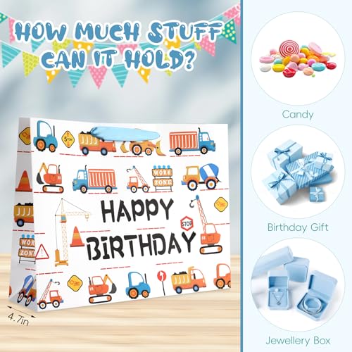 Image of JMANNI Large Happy Birthday Gift Bag with Tissue Papers and Greeting Card,Portable Paper Gift Bags with Handles,Present Bags for Boys Birthday Party Supplies 13 inch x10.2 inchx4.7 inch(Construction Vehicle)