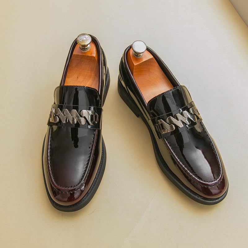 Men's Patent Leather Metal Formal Dress Loafers Retro Round Toe Chunky Block Heel Comfortable Non-Slip Slip-On Penny Shoes for Party Wedding Business3