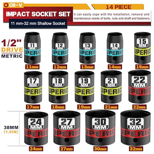 Image of 14 Piece 1 /2 inch Drive Impact Socket Set, 11 mm-32 mm Shallow Socket, Metric, 6 Point, CR-V, Automotive Maintenance, Machinery Manufacturing