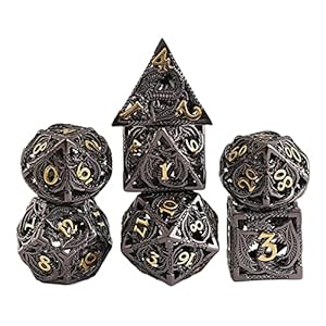 F Fityle 7Pcs Koper Holle Metalen Dobbelstenen Set Draak Patroon Vorm Metalen Polyhedral Met Gift Metalen Doos Voor DND Rollenspel Games Math Teaching