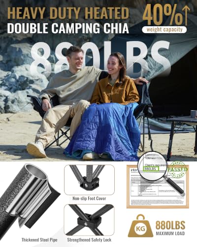 Image of KingCamp Heated Double Camping Chair, Oversized 880lbs Heavy Duty Loveseat for Adults Portable Folding XL 2 Person Couch Padded Comfortable with 3 Heat Levels for Outdoor Sports Lawn, Black /Grey
