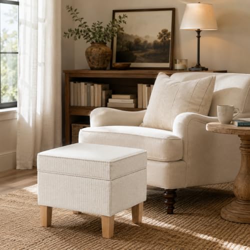 Image of HomePop 22 inch Modern Rectangular Storage Ottoman - White Woven Stripe