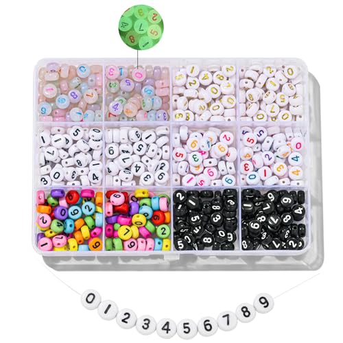 Hudinsun 500Pcs 0-9 Acrylic Number Beads in 12 Grid Box Round Beads for Bracelets Neckless Friendship Jewelry DIY Making 4x7mm 6 Colors