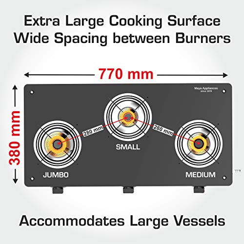 Image of Vidiem Gas Stove G3 167 A (Black) | 3 Burner Gas Stove | Manual Ignition | 8mm Toughened Glass Top Gas Stove | Safety, Reliability, High Efficiency | ISI Certified | 2 years warranty