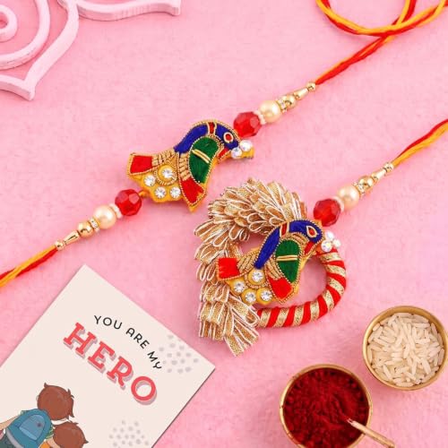Image of ascension 1 Pair of Couple Rakhi for Bhaiya and Bhabhi Rakhi for Raksha Bandhan Bhai Bhabhi Couple Bracelet with You are My Hero Fridge Magnet & Roli Tilak Pack