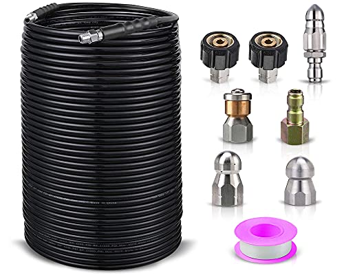 Sewer Jetter kit for Pressure Washer, 200 feet Hose, 1 4 Inch Drain Cleaning Hose,Button Nose & Rotating Sewer Jetting Nozzle,Sewer Jet kit for Pressure Washer,Jetter Hose, 4.5, 5.5, 4000 PSI (Black)
